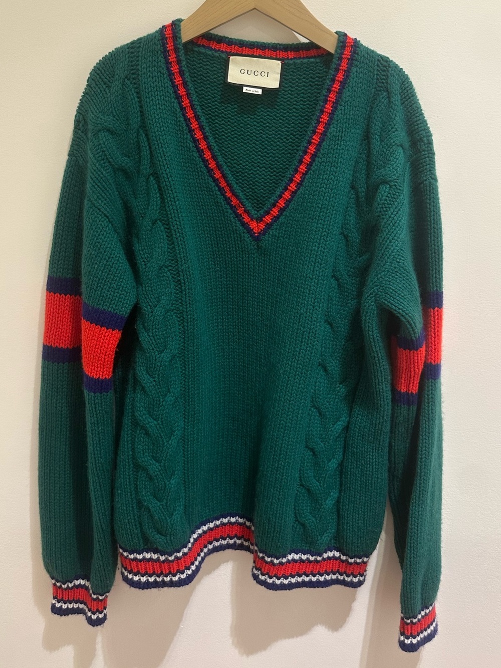 Gucci Cable-Knit V-Neck Sweater with Red & Navy Accents Mens Medium (unisex)